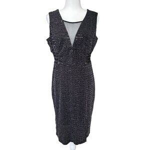 Alexa B Nites Black Metallic Sequin Leg Slit Midi Dress Size 14W
